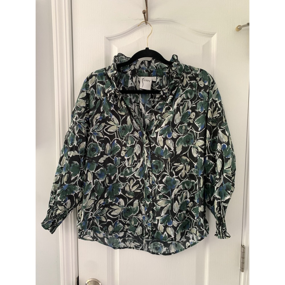 Finley Floral Print Ruffle Neck Cotton Blouse Green Blue Black Medium USA Made